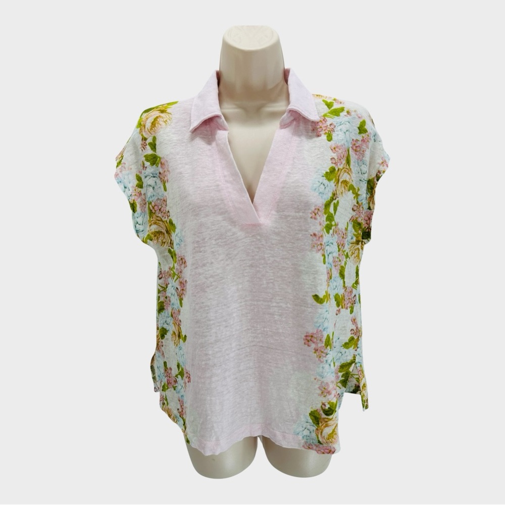 Joie Linen Pink Floral Johnny Collar Lightweight Blouse Coastal Resortwear M